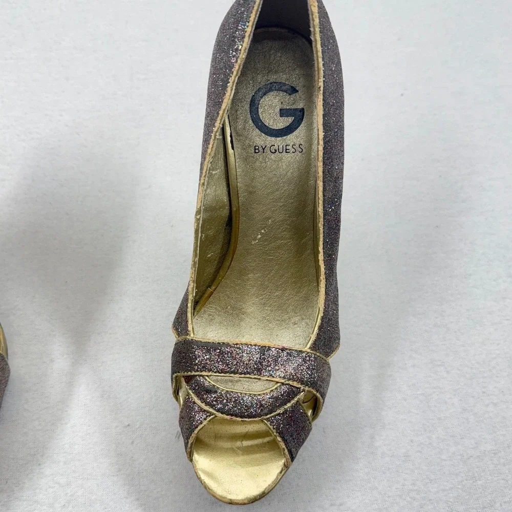 G By Guess Glitter Peep‎ Toe Platform Stiletto Heels Sparkly Gold Working Club